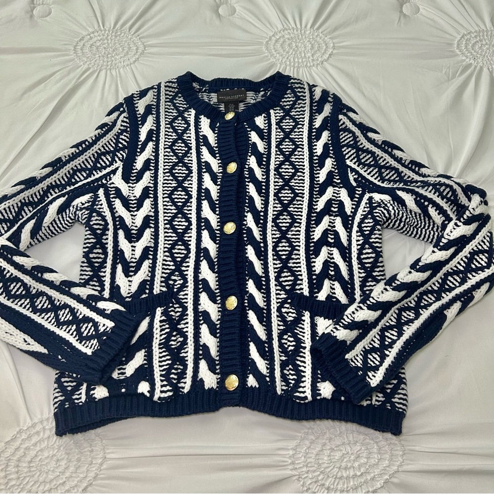 NWOT Martha Stewart Navy & White Preppy Gold Button Cardigan Sweater Size Medium - Picture 7 of 16